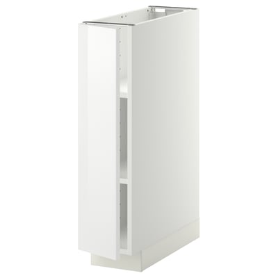 A white METOD kitchen cabinet with a glossy finish, rectangular shape, and adjustable shelf.