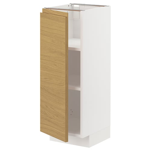 White ikea METOD kitchen cabinet, wooden door open, minimalist, oak finish.