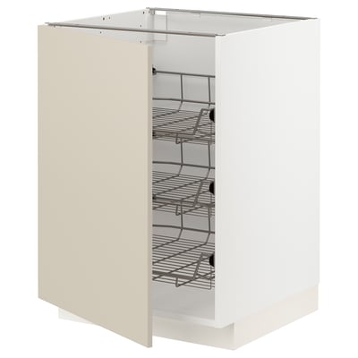 White METOD kitchen cabinet with beige doors and wire shelves.