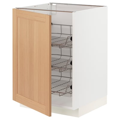 METOD kitchen cabinet with light oak door and metal shelves.