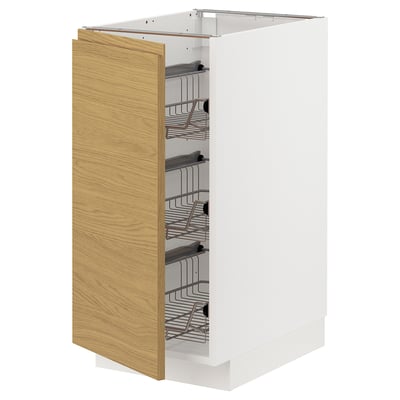 A white METOD kitchen cabinet with a wooden door and wire shelves.