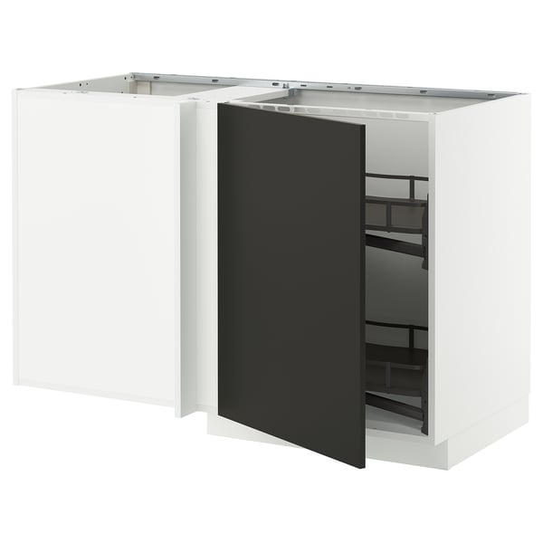 METOD Corner base cab w pull-out fitting, white/Nickebo matt anthracite, 128x68x80 cm
