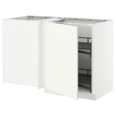White METOD kitchen unit, rectangular with glass door, modern & minimalist design, corner pull-out shelf for storage.