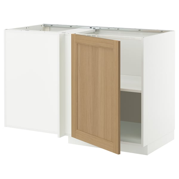 White METOD kitchen cabinet with oak door; open, square design; modern, minimalist style.