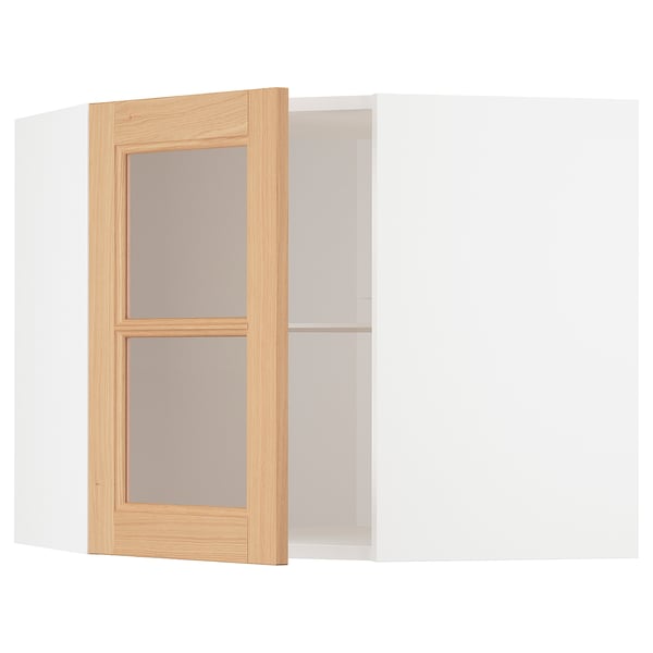 METOD Corner wall cab w shelves/glass dr, white/Vedhamn oak, 68x37x60 cm
