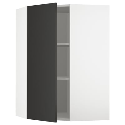 Black door kitchen cabinet, modern design, adjustable shelf, white frame, corner fit.