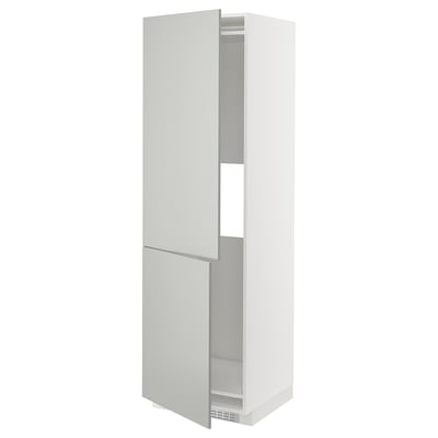 Displays a white ikea METOD tall kitchen cabinet with light grey havstorp doors, featuring a modern minimalist design with clean lines.