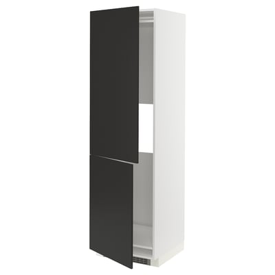 Displays a black and white METOD kitchen cabinet with a sleek, modern design. It snap-on hinges, adjustable shelves, and a sturdy frame construction.