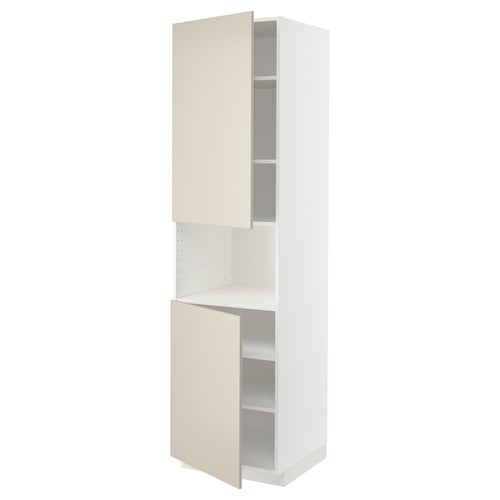 Beige METOD kitchen cabinet. Tall with one open door, smooth finish.