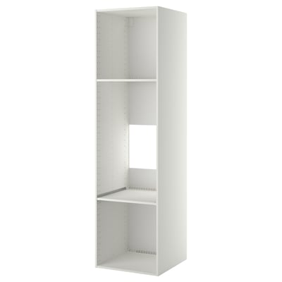 A white METOD kitchen cabinet with two shelves, reinforced for heavy appliances, featuring a sturdy frame and ventilation holes.