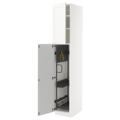 White METOD kitchen cabinet with opened door, shelves, and hooks.