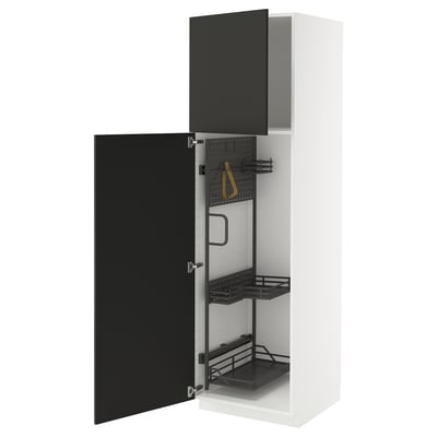 Modern white and black kitchen cabinet with open door, shelves, and organiser.
