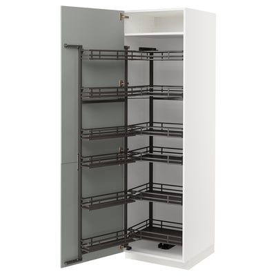 An open white METOD cabinet with pull-out shelves in light grey and black. It multiple storage levels and is designed for kitchen organisation.