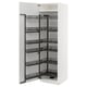 Modern white kitchen cabinet with pull-out shelves, sleek design, four adjustable metal racks.