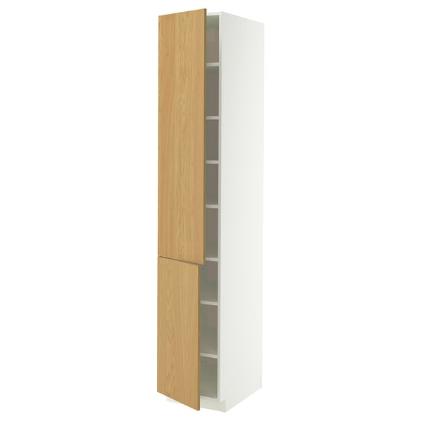 A METOD tall cabinet. Its white with a light oak door. The cabinet multiple shelves inside.