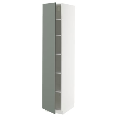 This image shows a METOD kitchen cabinet with a grey-green door, shaped like a tall rectangular box with an open door revealing inner shelves.