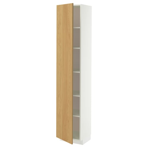 A white METOD cabinet with an open light wood door, featuring multiple shelves inside.