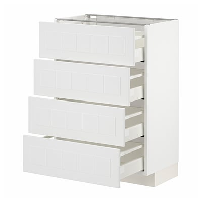 White METOD kitchen unit with four open drawers, sleek and modern design.
