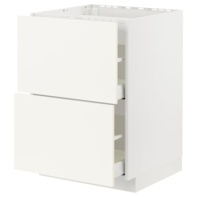A white ikea METOD kitchen cabinet with two drawers and open shelves at the top.