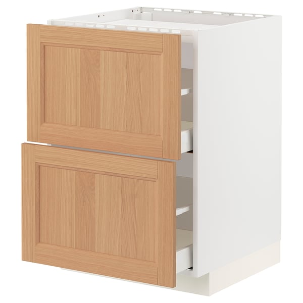 METOD / MAXIMERA Base cab f hob/2 fronts/2 drawers, white/Vedhamn oak, 60x60x80 cm