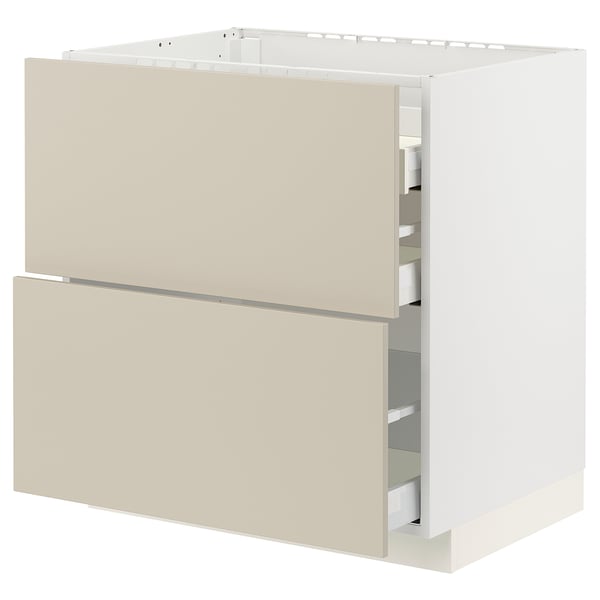 METOD / MAXIMERA Base cab f hob/2 fronts/3 drawers, white/Havstorp beige, 80x60x80 cm
