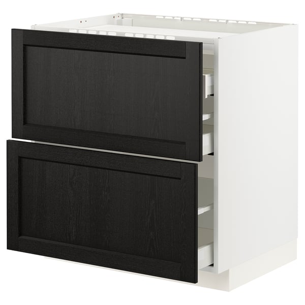 METOD / MAXIMERA Base cab f hob/2 fronts/3 drawers, white/Lerhyttan black stained, 80x60x80 cm