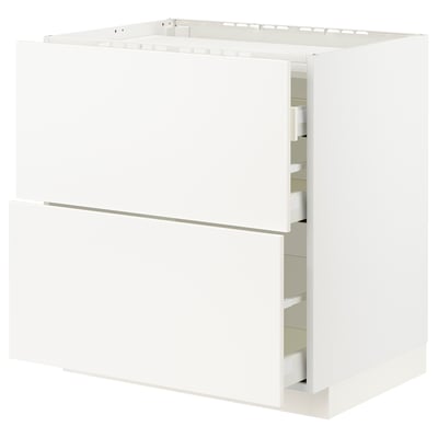 A white METOD kitchen cabinet with smooth, modern design featuring clean lines. It includes drawers and shelves for storage.