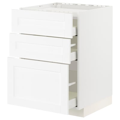 White METOD kitchen cabinet with three drawers and shelves, modern design.