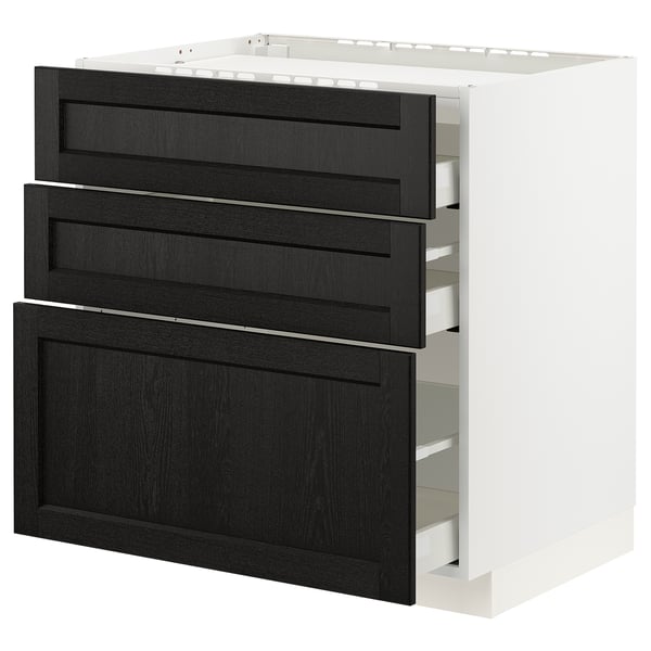 METOD / MAXIMERA Base cab f hob/3 fronts/3 drawers, white/Lerhyttan black stained, 80x60x80 cm