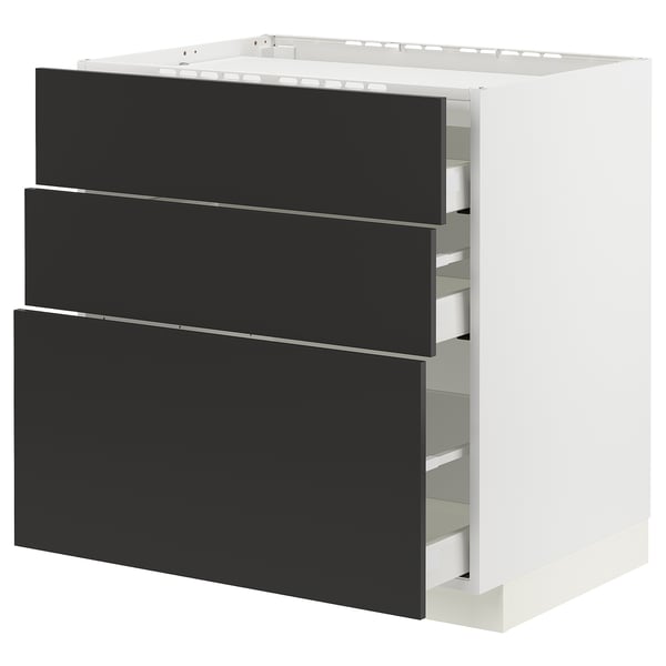 METOD / MAXIMERA Base cab f hob/3 fronts/3 drawers, white/Nickebo matt anthracite, 80x60x80 cm