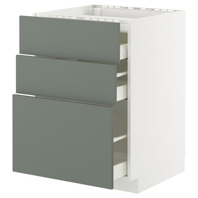 Modern grey-green METOD kitchen cabinet with three full-extension drawers.