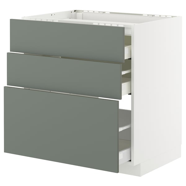 METOD / MAXIMERA Base cab f hob/3 fronts/3 drawers, white/Nickebo matt grey-green, 80x60x80 cm