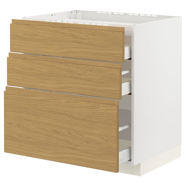 METOD kitchen unit with three wooden drawers, minimalist design. White & oak finish.