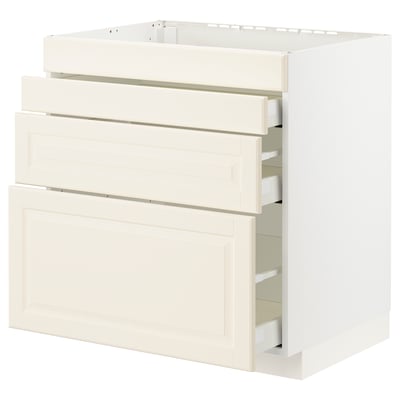 White kitchen cabinet with three bevel-edged drawers, featuring a traditional design and soft-close mechanism.