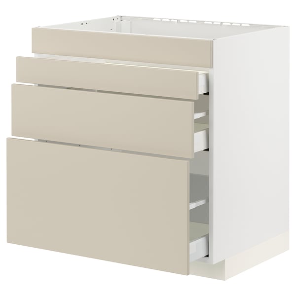 METOD / MAXIMERA Base cab f hob/4 fronts/3 drawers, white/Havstorp beige, 80x60x80 cm
