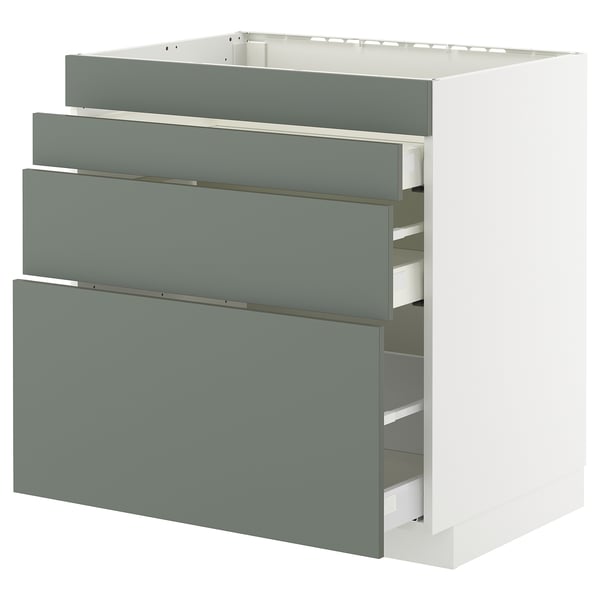 METOD / MAXIMERA Base cab f hob/4 fronts/3 drawers, white/Nickebo matt grey-green, 80x60x80 cm