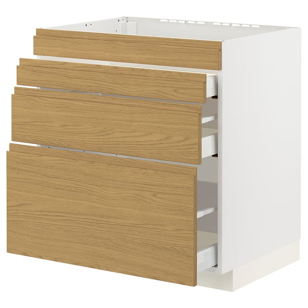 METOD / MAXIMERA Base cab f hob/4 fronts/3 drawers, white/Voxtorp oak effect, 80x60x80 cm