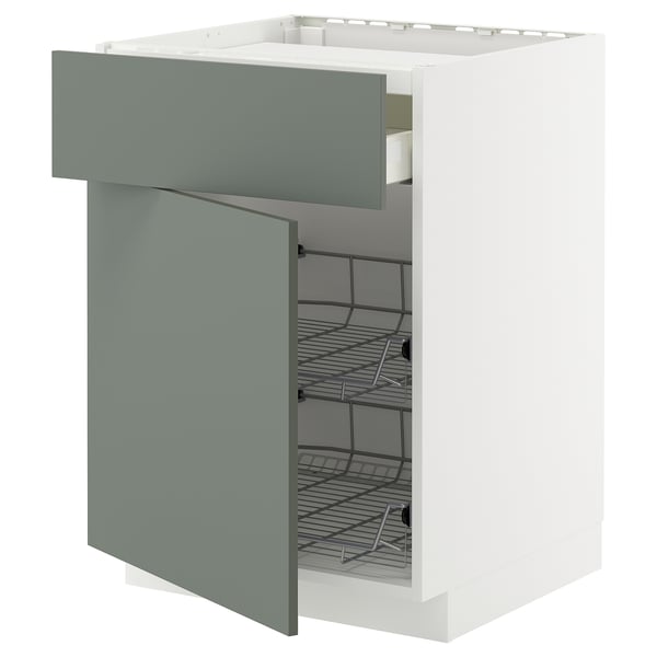 METOD / MAXIMERA Base cab f hob/drawer/2 wire bskts, white/Nickebo matt grey-green, 60x60x80 cm