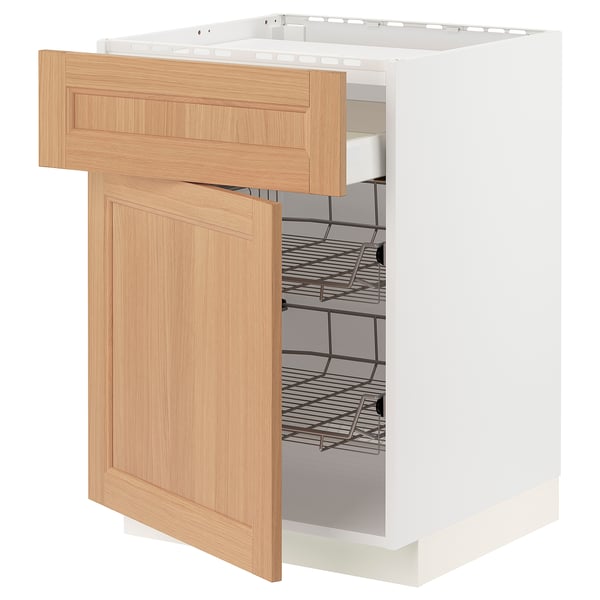 METOD / MAXIMERA Base cab f hob/drawer/2 wire bskts, white/Vedhamn oak, 60x60x80 cm