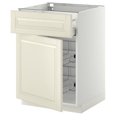 Depicts a white METOD kitchen cabinet with a bodbyn off-white drawer. The cabinet a smooth-running wire basket and a traditional design.