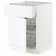 METOD white kitchen cabinet, square, wire racks, drawer open.