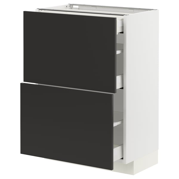 METOD / MAXIMERA Base cab with 2 fronts/3 drawers, white/Nickebo matt anthracite, 60x37x80 cm