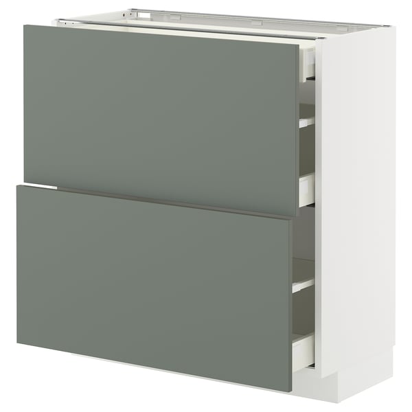 METOD / MAXIMERA Base cab with 2 fronts/3 drawers, white/Nickebo matt grey-green, 80x37x80 cm