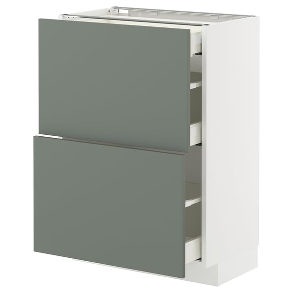 METOD / MAXIMERA Base cab with 2 fronts/3 drawers, white/Nickebo matt grey-green, 60x37x80 cm