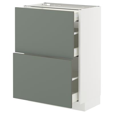 Modern kitchen cabinet, white with teal drawers, sleek design, has multiple drawers.