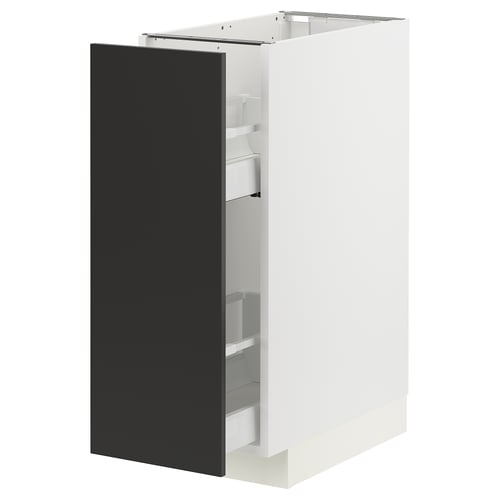 Modern white ikea METOD kitchen cabinet with black drawer, sleek & contemporary.