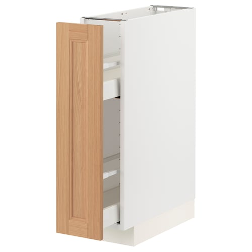 A white METOD kitchen cabinet with a light brown oak door, open to reveal shelves and pull-out drawers.