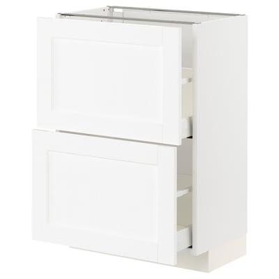 White METOD kitchen unit with two drawers, sleek design, wooden texture surface.