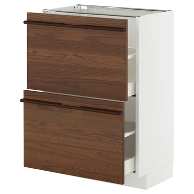 METOD kitchen cabinet, white and dark brown wood, two drawers with wooden handles.