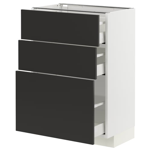 Modern METOD kitchen unit: white cabinet, three black drawers, sleek and minimalist design.